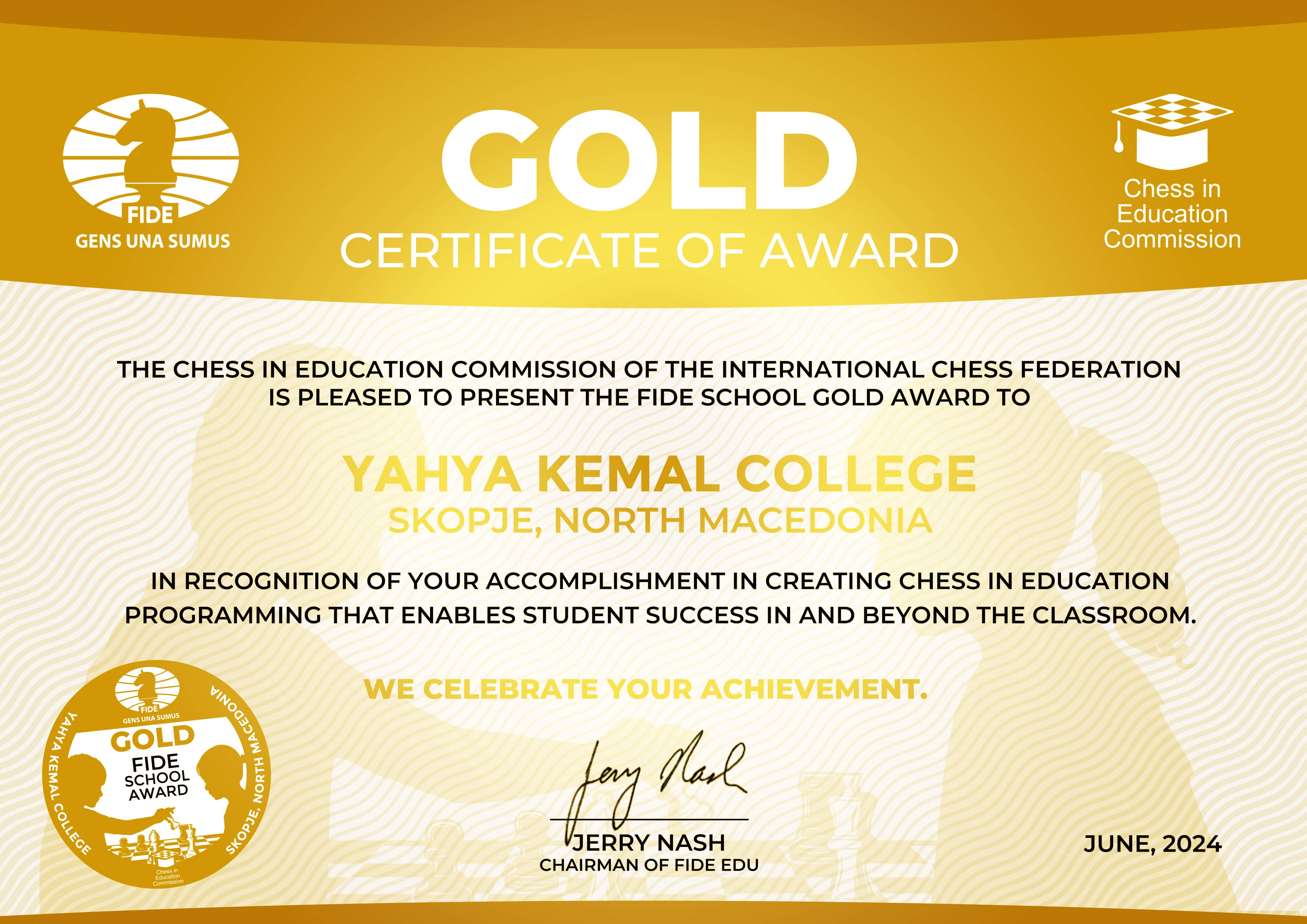 FIDE Certificate Gold Yahya Kemal College Gold web